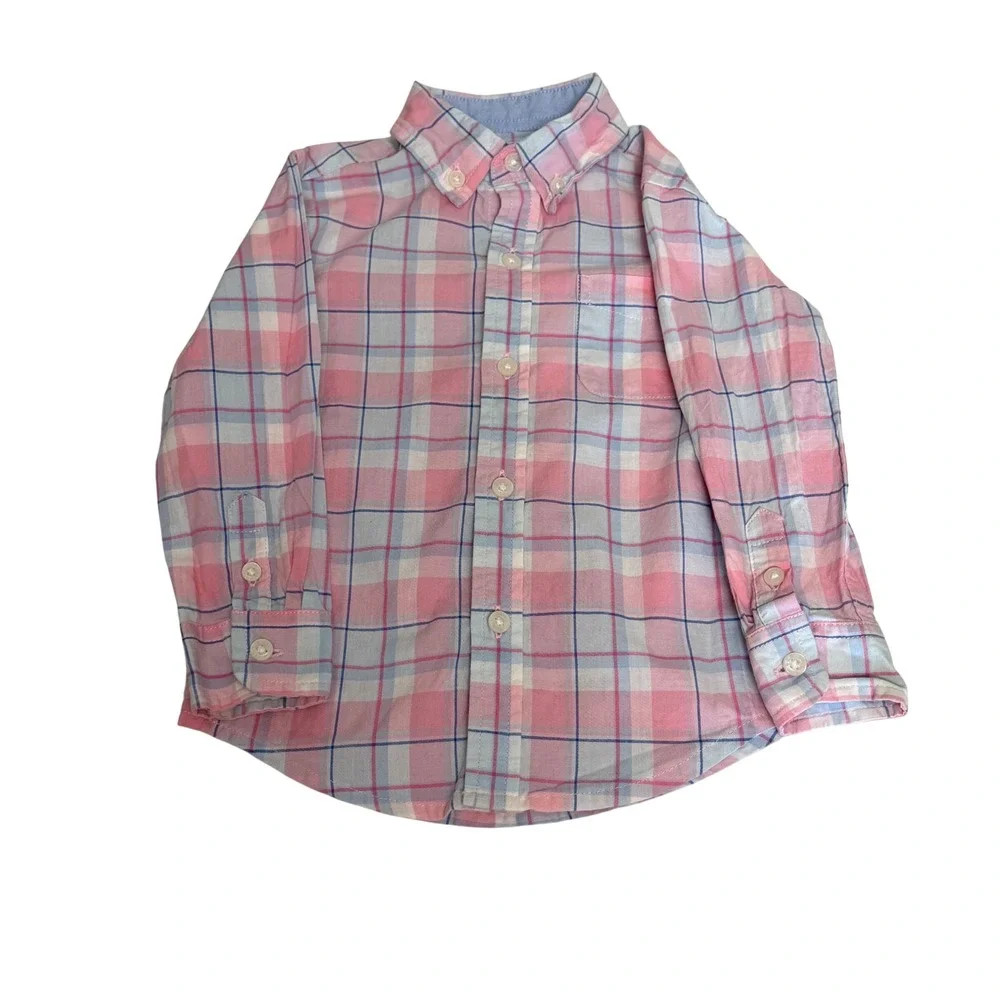 Janie and Jack Toddler Boys Pink Blue Plaid Button Down Shirt 18-24 Months